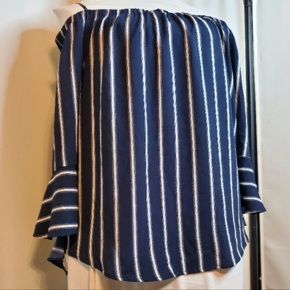 Navy Blue Striped Off-Shoulder Flare Midi Blouse Ruffle Cuffs Mint Condition - Picture 6 of 14